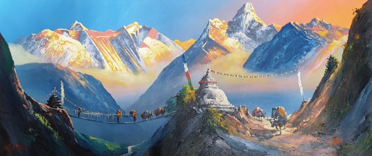 Handgemaltes Landschaftsbild aus Nepal 131 x 56 