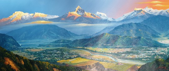 Handgemaltes Landschaftsbild aus Nepal 132 x 56 