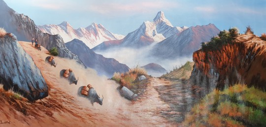 Handgemaltes Landschaftsbild aus Nepal 175 x 85 